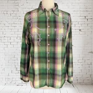 Cattlelac Ranch Shirt XL Womens Pearl Snap Embroidered Beaded Cowgirl Western